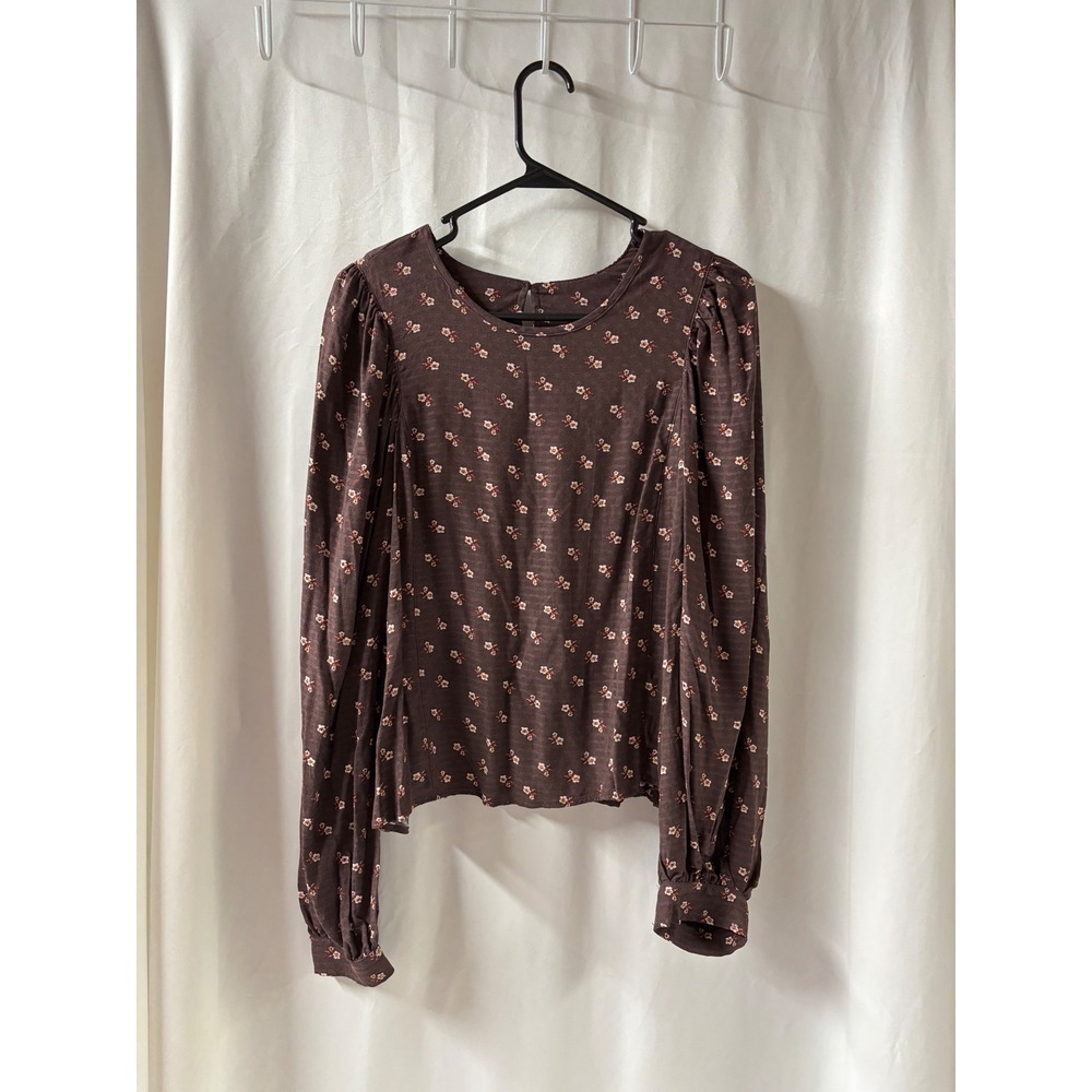 Melrose and Market NWT Women's Long‎ Sleeve Floral Print Brown Rayon Top Size L